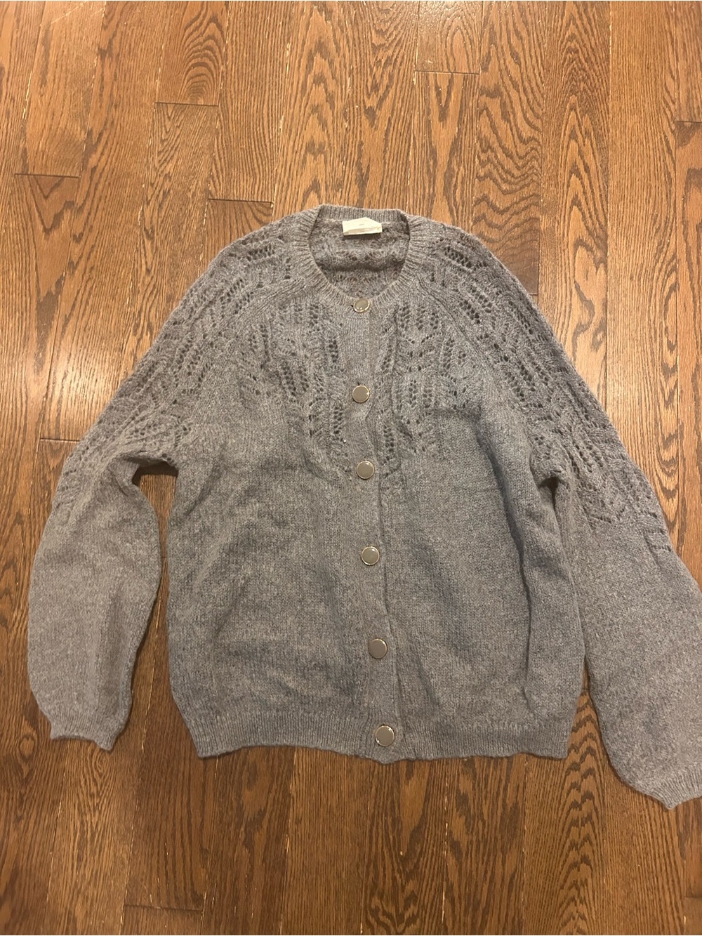 Sezane Button-Front Gray Lace Knit Women's Sweater